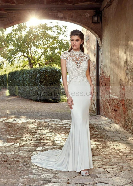 Mermaid High Neck Ivory Lace Chiffon Wedding Dress